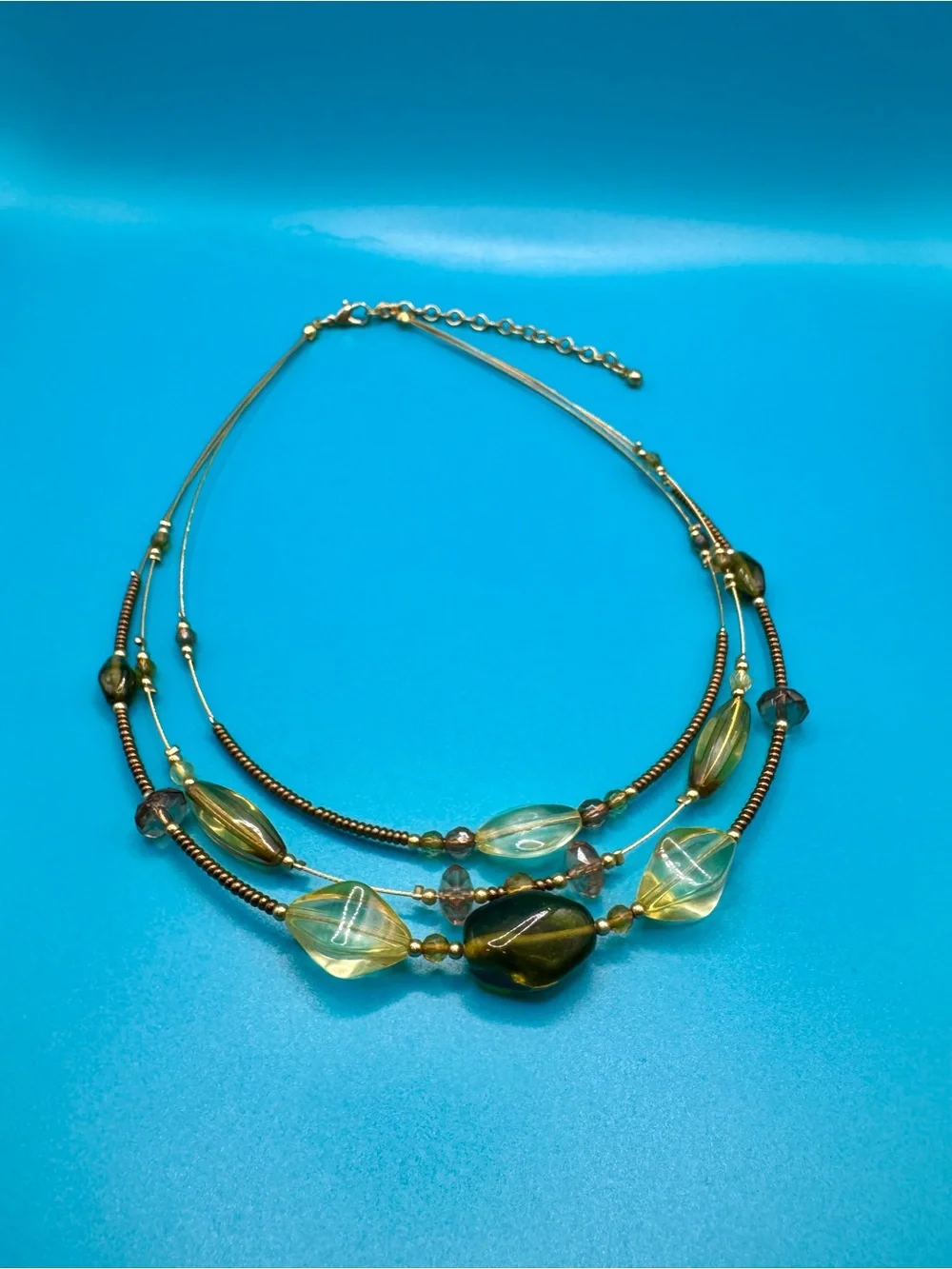 NWOT 3-Strand Beaded Illusion Olive Green and Amber Beaded Necklace